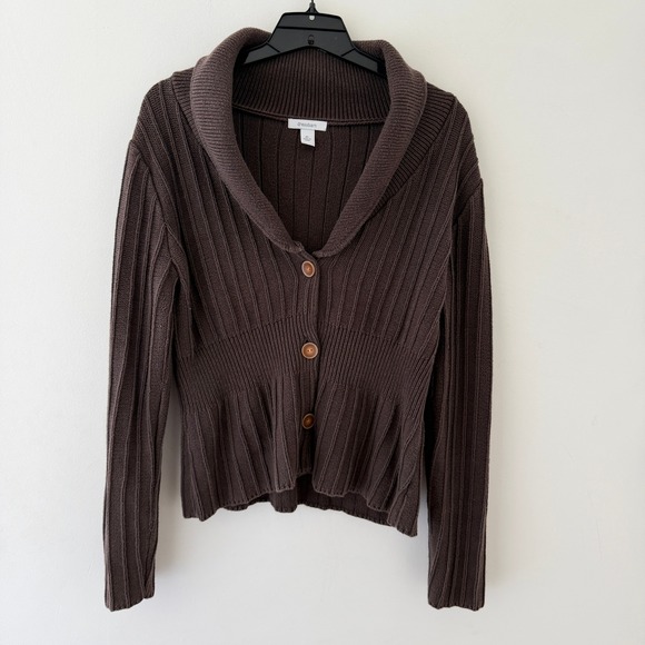 dressbarn Sweaters - Brown Ribbed Knit Peplum Cardigan Shawl Collar Boho Earthy Goblincore XL